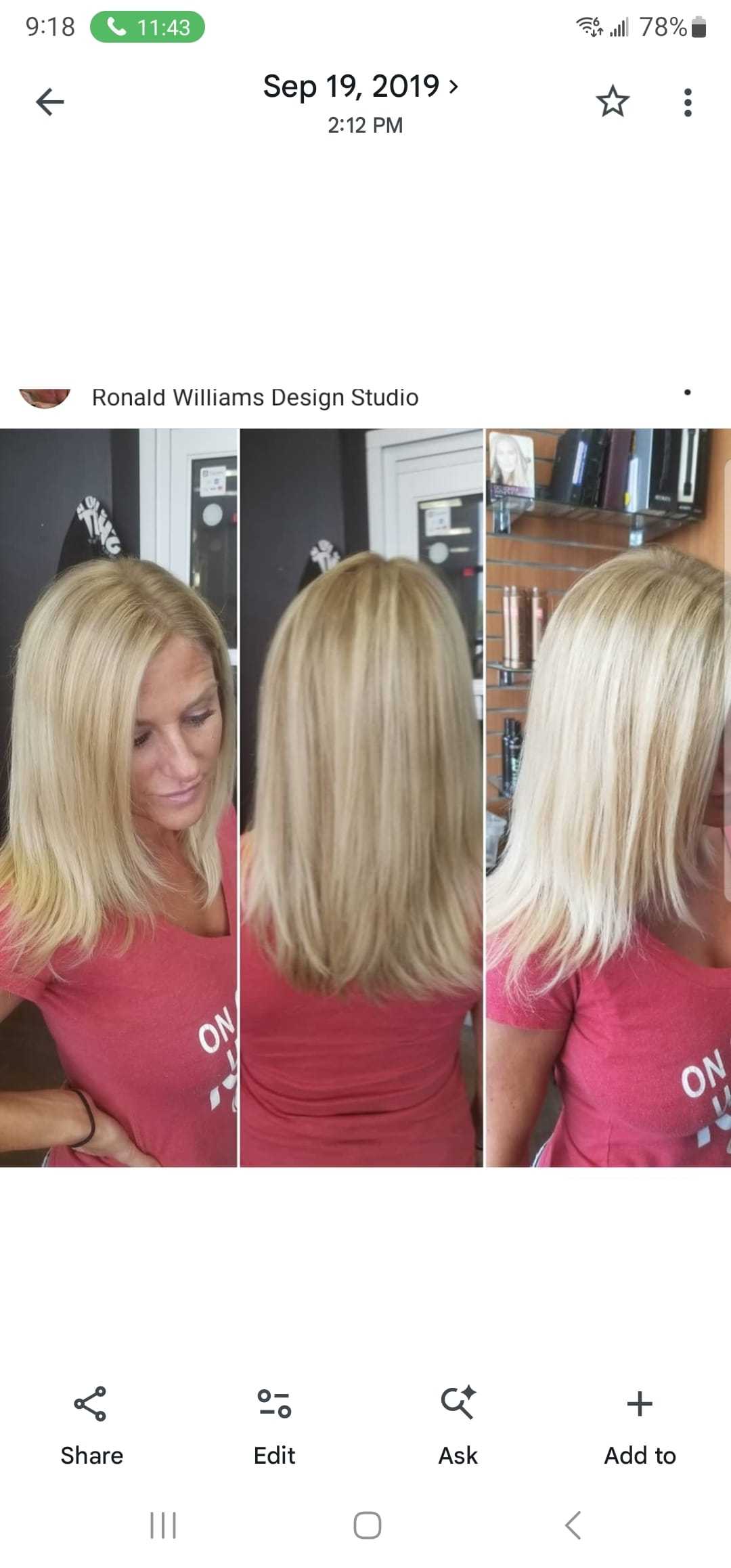 Blonde hair transformation with soft layers, side view, and back view at a design studio.